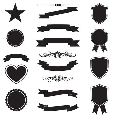 Badge frame set with star, shield, heart shape, ribbons banner and scroll silhouette for labels and tags