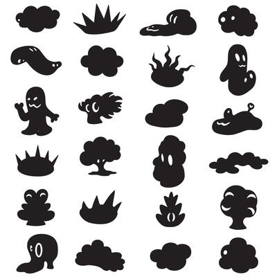 Groovy Funky element set bundle silhouette with expressive cartoon shapes, abstract doodles, and floral swirl elements