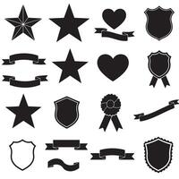 Start bundle of star, shield, heart shape, ribbons banner and others element set silhouette for scroll tags vector