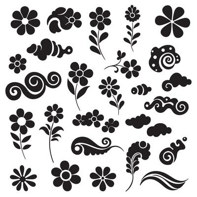 Vintage groovy variation design bundle with silhouette flower shapes, star icons, cartoon animal elements, ribbons, and hand signs for decoration and art