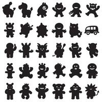 Groovy Funky element set bundle silhouette including bold swirls, pop art decorations, hand icons, and retro flower signs vector