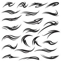 Graphic bundle of abstract line motion energy symbols and dynamic silhouette movement design elements vector