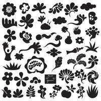 Groovy bundle of variation design elements including stars, flowers, cartoon animals, hands, ribbons, and more in vintage silhouette style for layout design vector