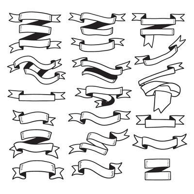 Vintage outline art ribbon banner set bundle silhouette variation design with folded scroll and emblem pack