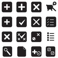 Monochrome productivity icons featuring forms checklists cross symbols and list shapes silhouette vector