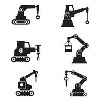 Heavy machinery and industrial icon silhouette bundle for technical, tools, and factory graphics vector