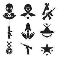 Dynamic army icon collection with modern military elements in bold silhouette style for uniform visual identity vector