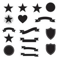 Star, shield, heart shape, ribbons banner and design element set silhouette for decorative badge and scrolls vector