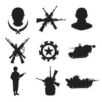 Versatile military icon bundle with army graphics in clear silhouette design for branding initiatives and print media vector