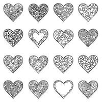 Hand-drawn heart shape icons in silhouette and line art for romantic coloring pages and variation design templates vector