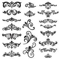 Decorative swirl and spiral silhouette set with tattoo style curves, scroll lines, and border symbols vector