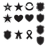 Ornamental star, shield, heart shape, ribbons banner and element set silhouette for outline style icons vector