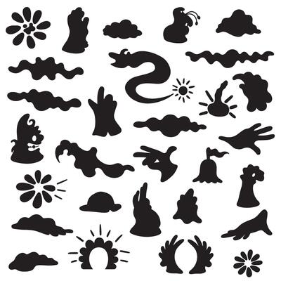 Groovy variation design cartoon animal, ribbon, flower, star, and hand silhouette bundle for retro branding, layout, and art