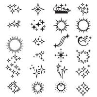 Hand drawn doodle line sparkle and silhouette set with cartoon style fireworks comic bursts glowing twinkle lights and dynamic flash effect for festive art or design projects vector