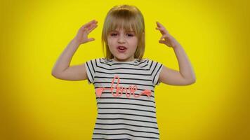 Confused mad child girl raising hands in indignant expression, asking why, what reason of failure video