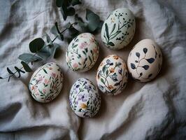 Decoratively painted eggs arranged on a textured surface alongside green leaves, creating an elegant and natural aesthetic. photo
