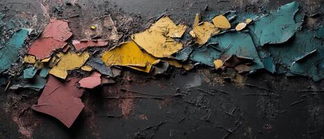 Peeling paint in vibrant colors on a dark surface, creating an abstract texture with a weathered appearance. photo