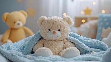 A teddy bear is wrapped in a blanket on a bed photo