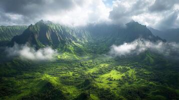 A green landscape with mountains and clouds photo