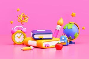 3D Back to School Supplies Scene with Books, Clock, Globe, and Learning Tools photo