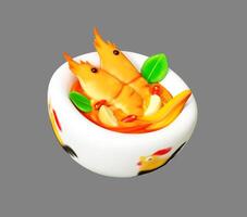 Thai Tom Yum Kung 3D Illustration with Shrimp and Herbs in Chicken Bowl photo