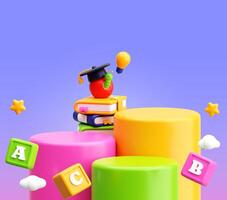 3D Apple with Worm and Graduation Cap on Books with ABC Blocks and Light Bulb photo