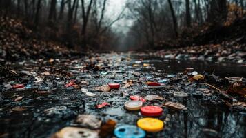 A polluted stream littered with colorful plastic debris, surrounded by bare trees, showcasing environmental neglect. photo
