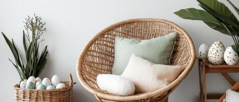 A cozy, modern chair surrounded by decorative eggs and greenery, creating a serene and stylish interior space. photo