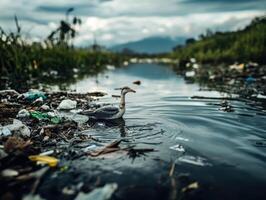 A bird stands in a polluted waterway surrounded by litter, highlighting environmental degradation and habitat loss. photo
