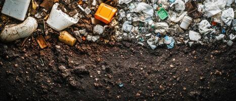 A cluttered scene of litter and waste materials scattered on the ground, highlighting issues of pollution and environmental degradation. photo