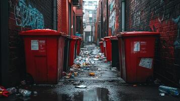Narrow alleyway lined with red trash bins and litter, creating a gritty urban atmosphere. photo