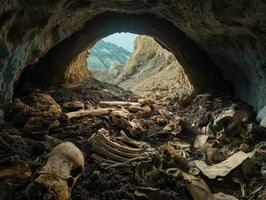 A dark cave filled with skeletal remains, leading to a bright exit, creating a haunting atmosphere. photo