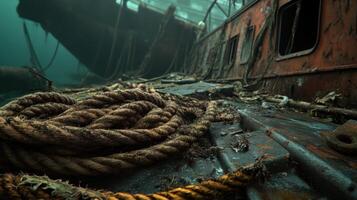 A submerged shipwreck with tangled ropes and rusting surfaces, creating a moody underwater atmosphere. photo