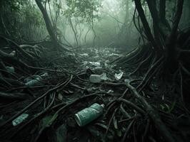 A dense, shadowy forest floor covered in twisted roots and scattered debris, creating a mysterious and eerie atmosphere. photo