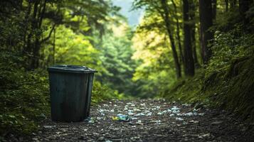 A solitary trash bin on a gravel path surrounded by lush greenery in a tranquil forest setting. photo
