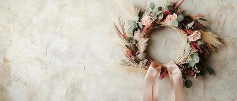 A delicate floral wreath with soft ribbons, set against a textured backdrop, creates a serene and inviting atmosphere. photo