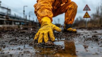 A worker in protective gear reaches toward muddy ground, emphasizing environmental concerns and safety in industrial settings. photo