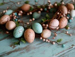 Decorative Easter eggs in pastel colors arranged with twigs and small beads on a turquoise wooden surface. photo