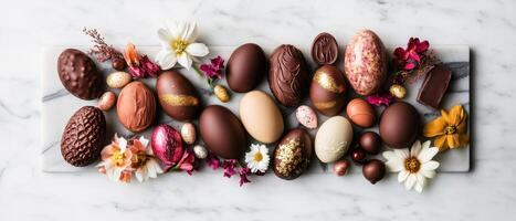 A stylish arrangement of various chocolate eggs and decorative flowers on a marble surface, perfect for Easter or dessert-themed visuals. photo