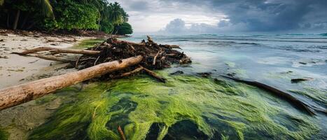 Serene beach scene with driftwood, clear water, and lush greenery under a cloudy sky. photo