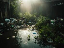 A neglected, overgrown area filled with trash and stagnant water, illuminated by shafts of light filtering through surrounding structures. photo