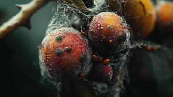 Close-up of red fruits covered in spiderweb, creating an intriguing blend of nature and texture, set against a blurred backdrop. photo