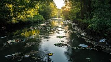 A polluted river surrounded by greenery, littered with trash and debris, highlighting environmental issues and the need for conservation. photo