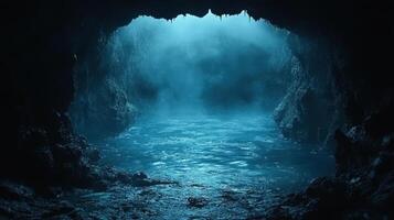 Mysterious cave entrance, dark water, misty interior, fantasy background, game design photo