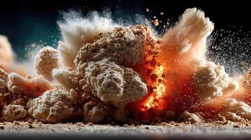 Dramatic explosion of powder with bright orange burst creates dynamic impact photo