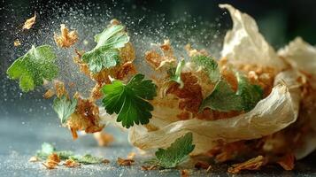 Crispy garlic and parsley with a delicate food presentation in motion photo