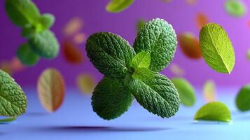 Fresh mint leaves floating in the air against a vibrant purple background photo