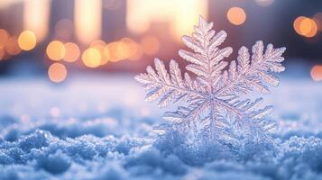 Close-up snowflake in snow, city sunset photo