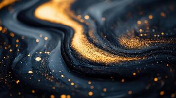 Golden swirls in dark fluid, abstract art background photo