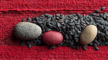 Harmony of stones and seeds on red fabric texture still life scene photo
